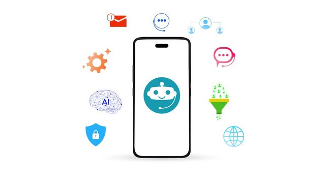 AI chatbot technology concept featuring smartphone interface with communication security automation and networking, 4k animation