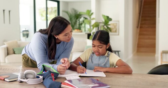 Homework, writing and mom with child with help for education, learning and school activity. Family, home and mother with girl for correct answer, quiz and studying for development, study and support