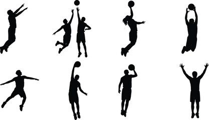 Basketball Player Silhouettes Set with Jumping Dunk and Shooting Action Poses for Sports Vector Illustration © MdAbdullahAl