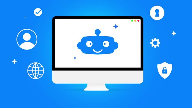 Blue robot ai concept on computer screen with security and internet floating on vibrant blue background 4k animation
