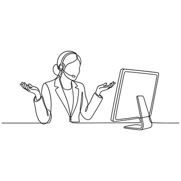 Continuous line drawing of a customer service agent with headset and computer, expressing confusion.