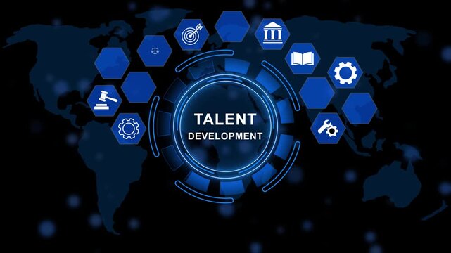 Digital Talent development automation interface with central circular and surrounding hexagon icons for, cloud, security, automation. animation
