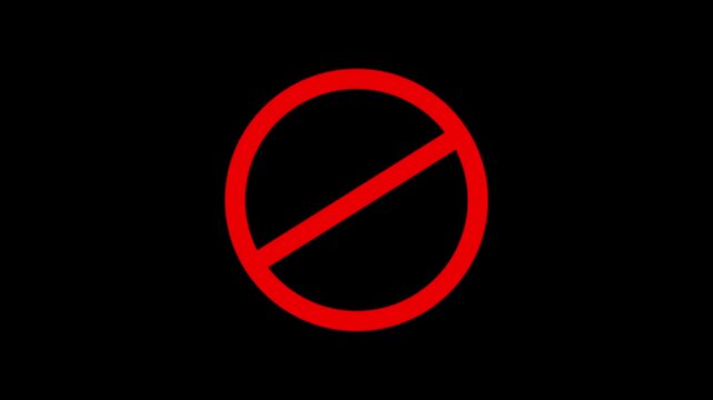 prohibition warning icon motion graphic with neon glow effect in 4k,glowing red prohibition sign animation on black background. neon no symbol warning icon loop video in 4k