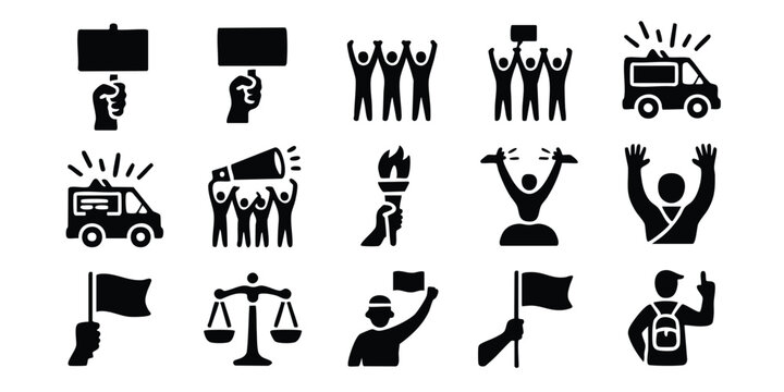 Black icons of protest signs, People demonstrating, And justice symbols on white background for social movement concepts
