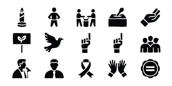 Collection of black silhouette icons representing various social and environmental concepts