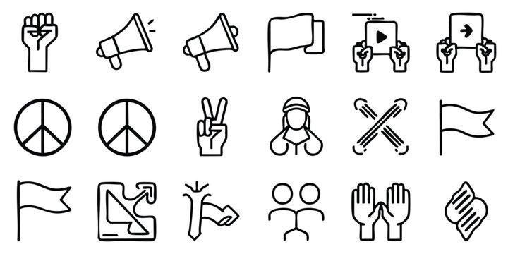 Collection of protest and activism icons including peace signs and megaphones on white background