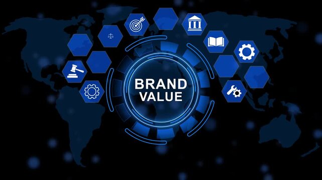 Digital Brand value interface with central circular and surrounding hexagon icons for, cloud, security, automation. animation
