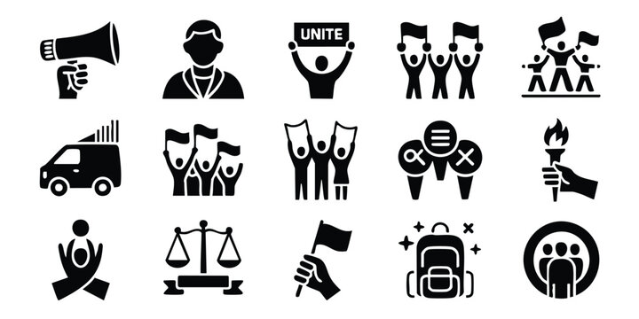 Black icons of protest, Activism, And social movements on white background