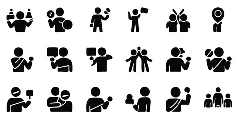 Obraz premium Black icons of people, Hands, And symbols on white background for presentations and infographics