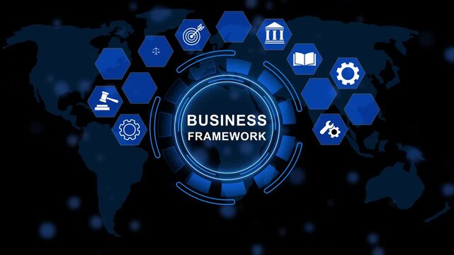 Digital Business Framework concept with audit, security, finance and corporate governance on digital world map. animation
