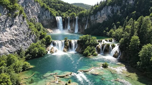 Aerial view of cascading waterfalls and turquoise lakes in Plitvice Lakes National Park, Croatia, featuring lush green forests and travertine limestone barriers in summer sunlight.