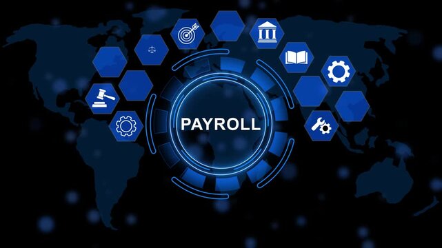 Digital Payroll concept with audit, security, finance and corporate governance on digital world map. animation