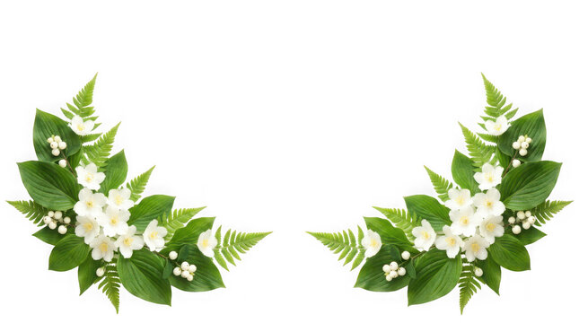 Two floral corner arrangements of white jasmine flowers and green fern isolated on transparent background