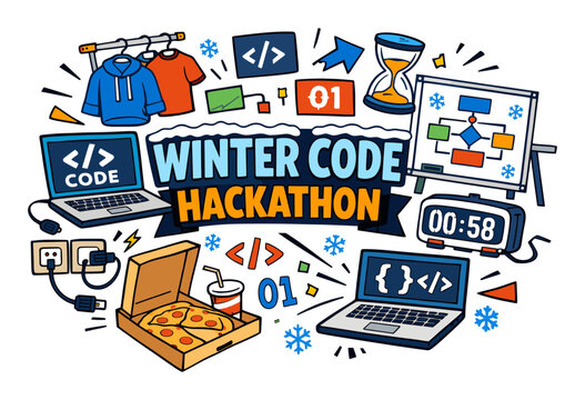 Winter code hackathon with laptops, programming symbols, pizza, timer, flowchart, and clothing, representing coding and development