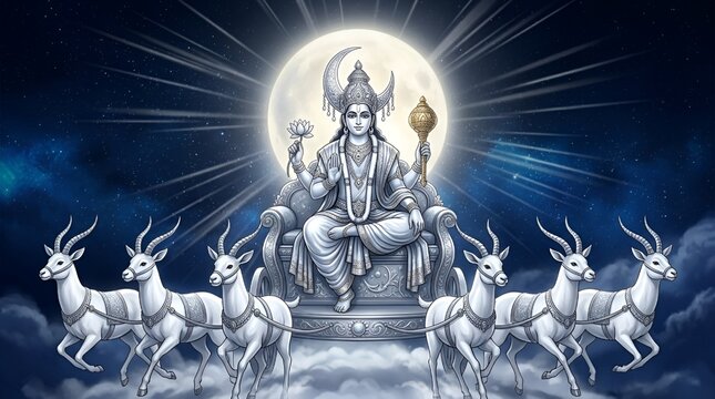 Chandra the Hindu moon god and lunar deity riding a chariot in the night sky, Navagraha mythology digital illustration