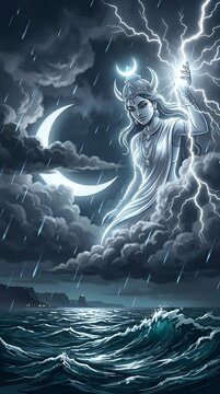 Chandra Hindu Moon God Lunar Deity of Navagraha in Stormy Night Sky