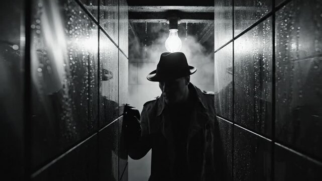Mysterious figure in trench coat and fedora entering a dark, damp hallway with steam and a single lightbulb.
