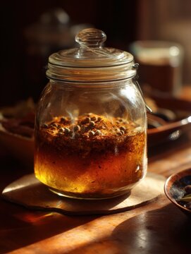 Ethiopian Niter Kibbeh Spiced Butter in a Jar with Warm Amber Kitchen Lighting