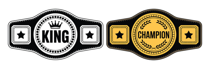 Gold and Black Championship Belt Set with Crown and Globe Symbols for Champion Title, Sports Victory, and Award Illustration. © MASUD. RANA