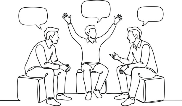 Continuous line drawing of three people having a group discussion with speech bubbles.