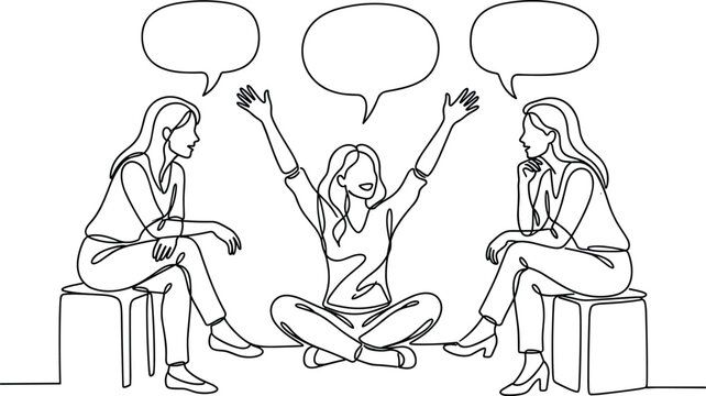 Continuous line drawing of three women talking in a group.