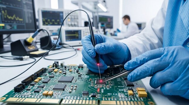 technician hands in blue gloves testing green printed circuit board with probe. microchip diagnostics and electronics repair concept. laboratory quality control. banner, website header.