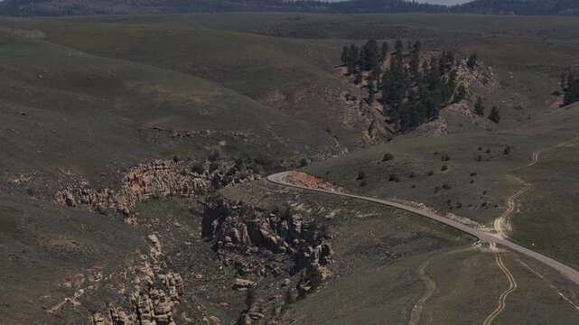 Zoom aerial of canyon along US Highway 191 in Vernal Utah high desert Uinta Mountains