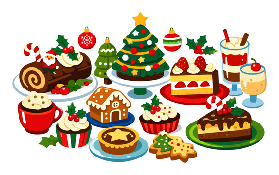 Variety of festive Christmas desserts, goodies, and drinks such as Yule log, gingerbread house, cupcakes, cookies, hot cocoa, and spiced eggnog