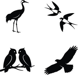 Fototapeta premium Bird silhouette collection featuring crane, swallows, owls, and hawk representing wildlife diversity, flight, and nature in elegant vector design