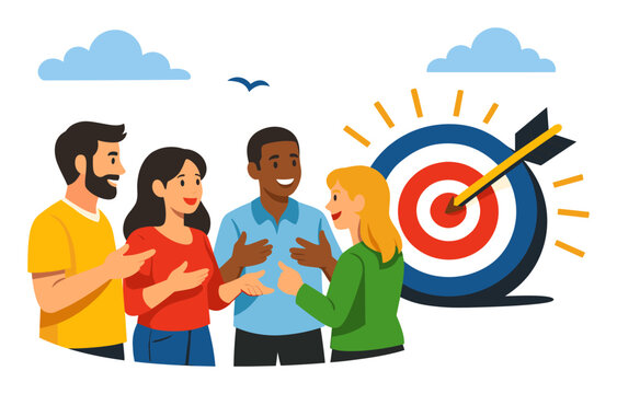 Diverse business team collaborating, discussing ideas, and achieving common goals, with an arrow hitting the bullseye on a target