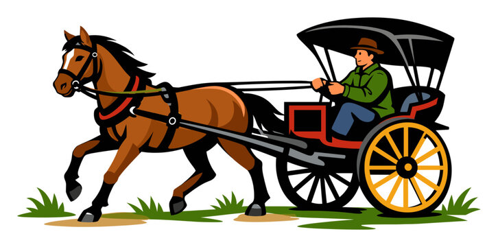 Horse pulling phaeton carriage with a driver holding the reins, representing traditional travel and a historical mode of transport