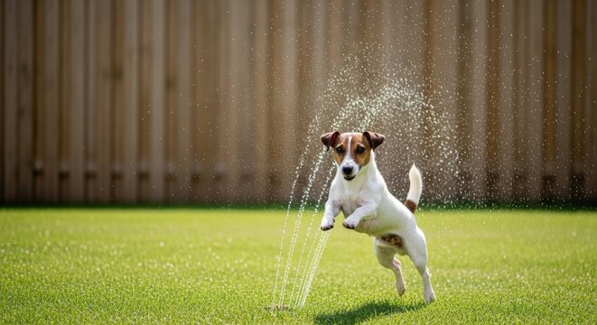 Dog playing in backyard sprinkler system.