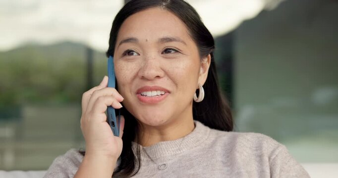 Happy, discussion or asian woman with phone call for conversation or communication in home. Female person, user or talking with mobile smartphone for connection, outdoor chat or friendly banter