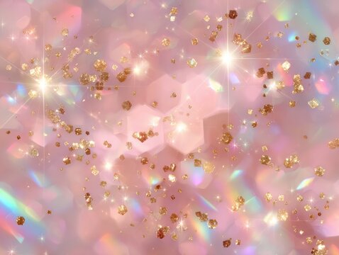 Festive soft pastel pink background with large golden glitter flakes and hexagonal sequins sparkling