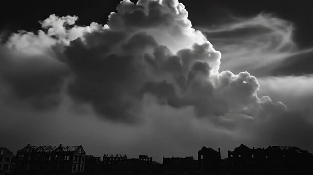 Dramatic monochrome view of ruins and ominous clouds after a devastating event, post-apocalyptic landscape