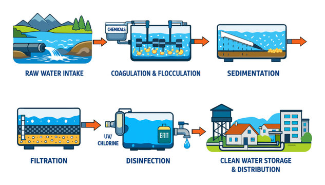 Raw water intake leading through coagulation, flocculation, sedimentation, filtration, disinfection, and finally distribution to homes