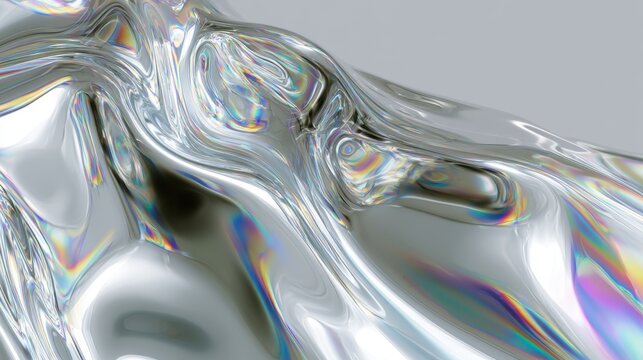 Liquid molten silver background with fluid 3D metallic waves and glossy reflective surface