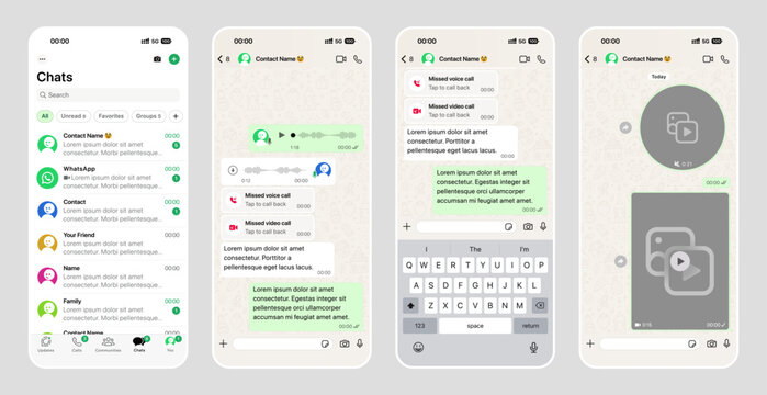 WhatsApp messaging app 2026 update interface with chats, voice messages, calls, media sharing and call history screens, modern mobile communication UI, editable vector design.
