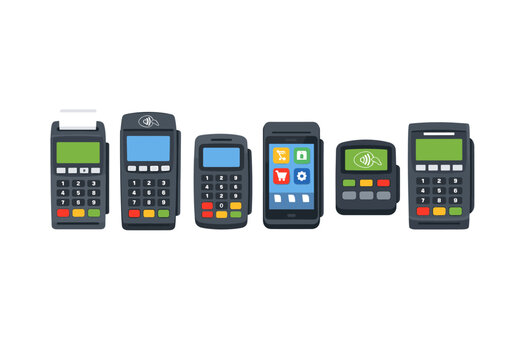 Set of payment terminals, POS machines, and mobile card readers for processing transactions, symbolizing modern payment solutions