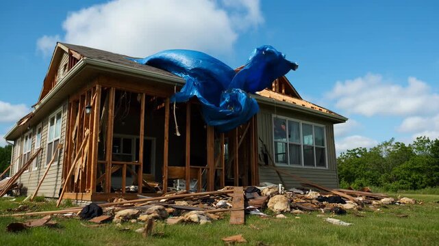 Damaged residential house with blue tarp covering broken roof after storm. Building exterior with structural destruction and debris on site for insurance assessment.