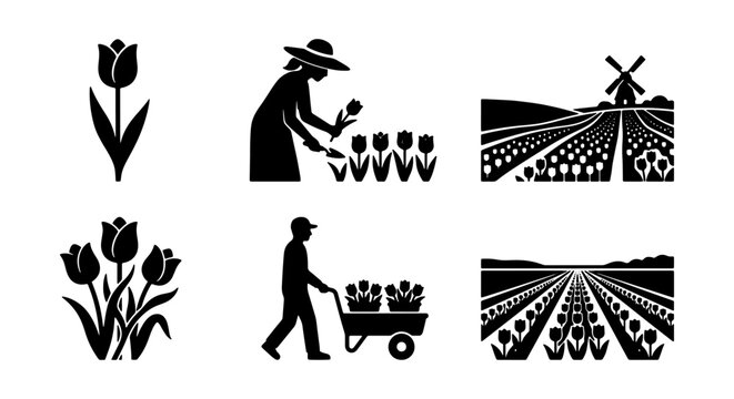 Tulip Icons, Farmer Planting, Fields and Windmill Vector Set: Floral Graphics for Spring and Agriculture Themes