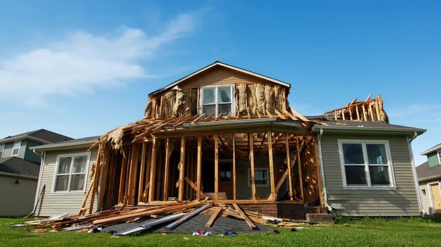 Damaged residential house destroyed by severe storm. Broken wooden building frame after catastrophic wind disaster. Exterior view of ruined home structure debris.