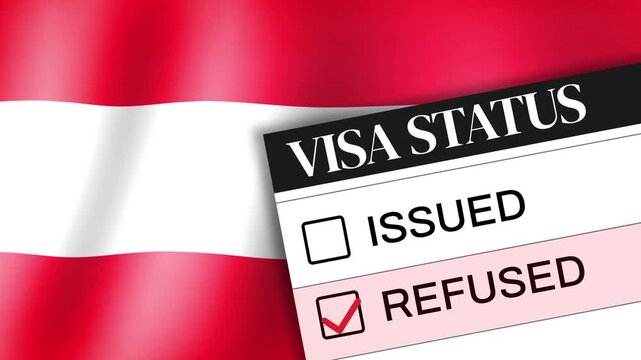 Visa status refusal concept with red and white flag background issued and refused options international travel document animation 4k