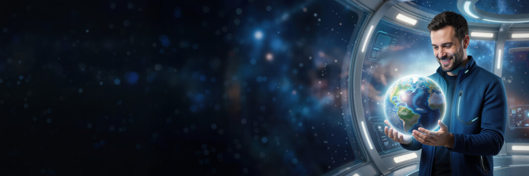 Astronaut holding glowing earth in futuristic spaceship. Wide banner with copy space for text