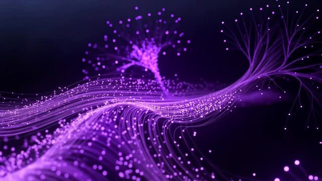 Vibrant purple light strands with glowing particles in abstract style on dark background, concept of energy flow and motion