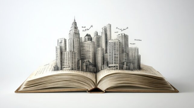 Open book with drawing of a city skyline
