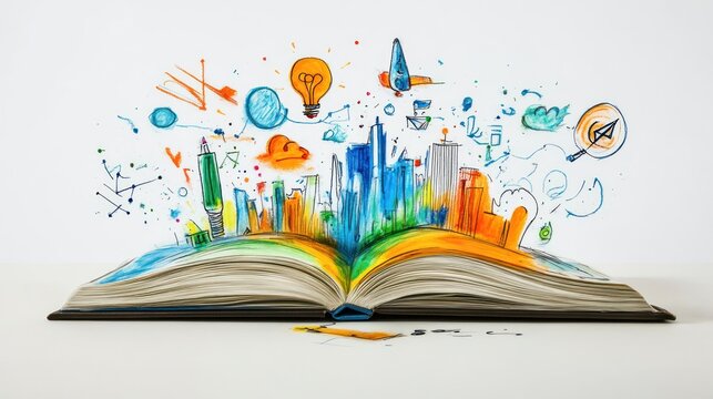 Open book with sketched city; imagination, creativity, new ideas