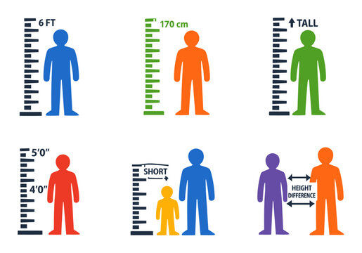 People icons illustrating height measurement, tall and short figures, size comparison, and growth on a white background