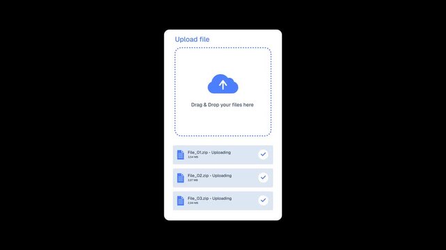 File upload animation showing a Zip archive dragged into an upload zone with with Progress Bar and Cloud Storage. Transparent background, 4K resolution