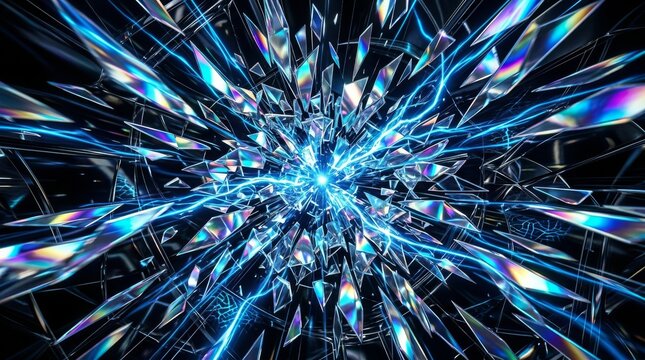Holographic mirror shards exploding outward with iridescent reflective surfaces in dynamic scatter composition